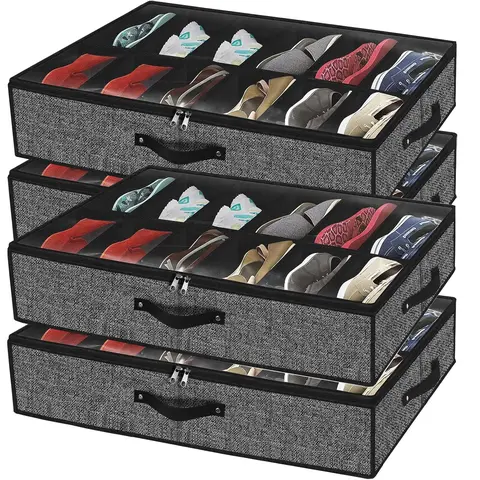 Closet Under Bed Shoe Organizer Fits 24 Pairs - Sturdy Under Bed Shoe Organizer, Set of 4 (Linen Black)