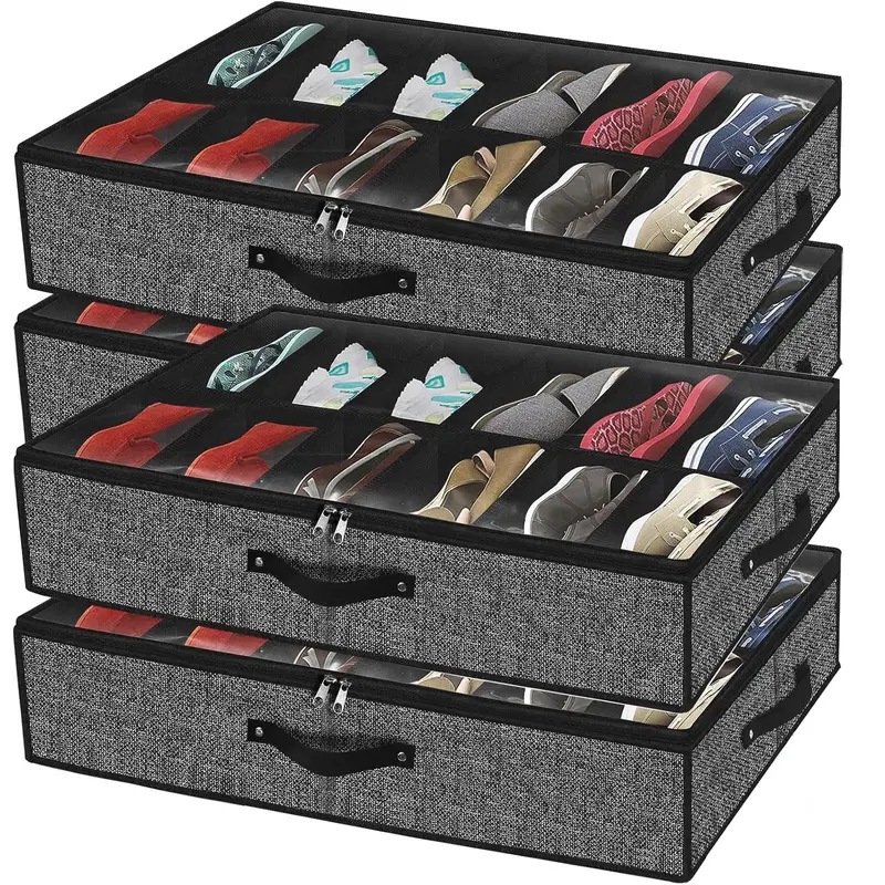 Closet Under Bed Shoe Organizer Fits 24 Pairs - Sturdy Under Bed Shoe Organizer, Set of 4 (Linen Black)