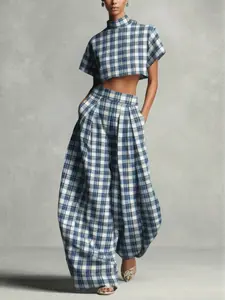 Blue Plaid High Neck Short Top Wide Leg Pants Two Piece Set Outfit, Fashionable for Women, Casual Style, Perfect for Fall & Winter