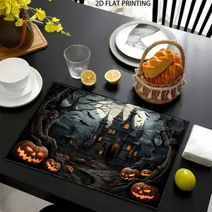 2D flat printing, 2-piece/4-piece/6-piece/8-piece set of Halloween beautiful castle and pumpkin design placemats, suitable for home kitchen, restaurant, party indoor and outdoor decoration, size 12x18 inches