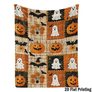 Cute Halloween Pumpkin Ghost Bat Plaid Patchwork Flannel Blanket Soft Warm Throw Blanket, Decorative Couch Bedroom Nap Blanket, Giftable Plush Comfortable Fall Autumn Home Blanket For Holiday All Seasons