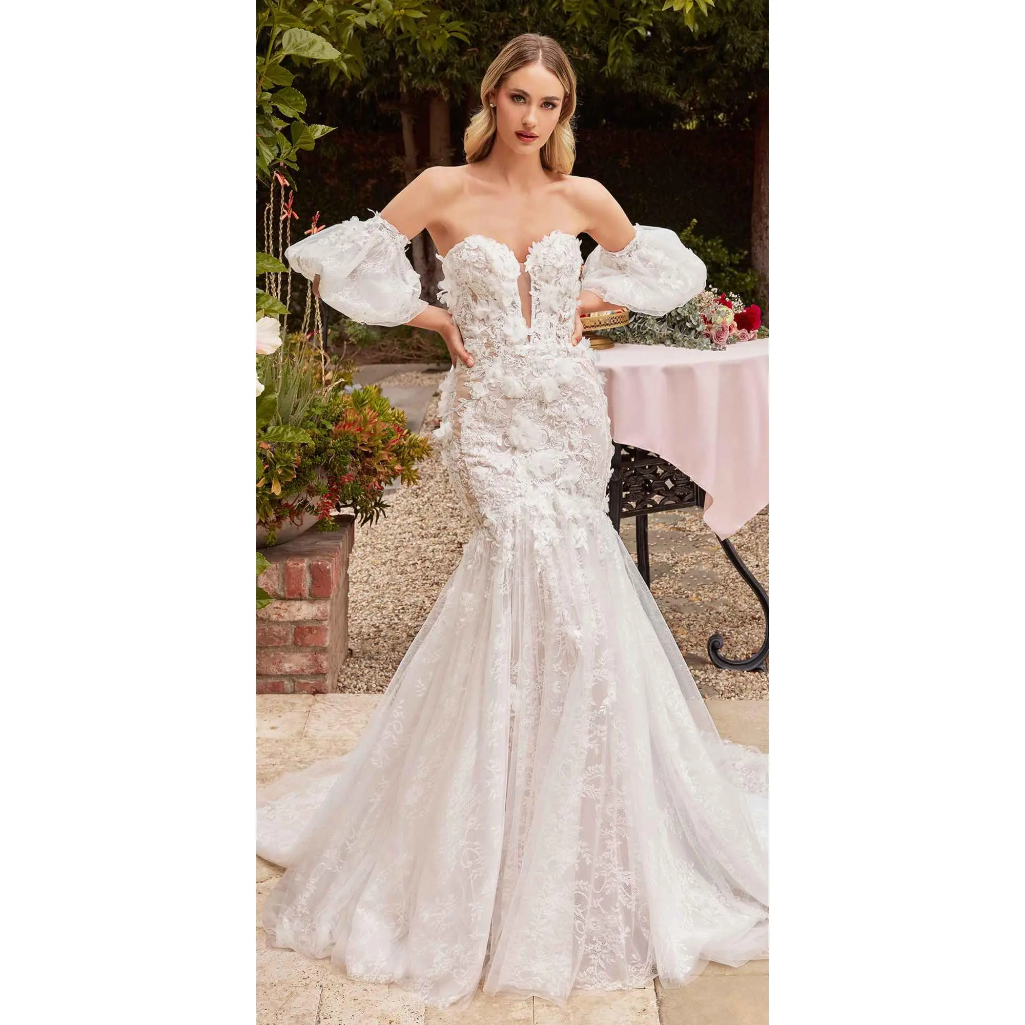 Ladivine Women's Soft Fitted Tulle & Lace Mermaid Wedding Gown - Strapless Sleeveless with Removable Puff Sleeves, Deep Plunging Neck, Sweep Train Skirt, Zipper Closure, Beads Accents, Cotillion Wear, All Seasons, Floral, Elegant