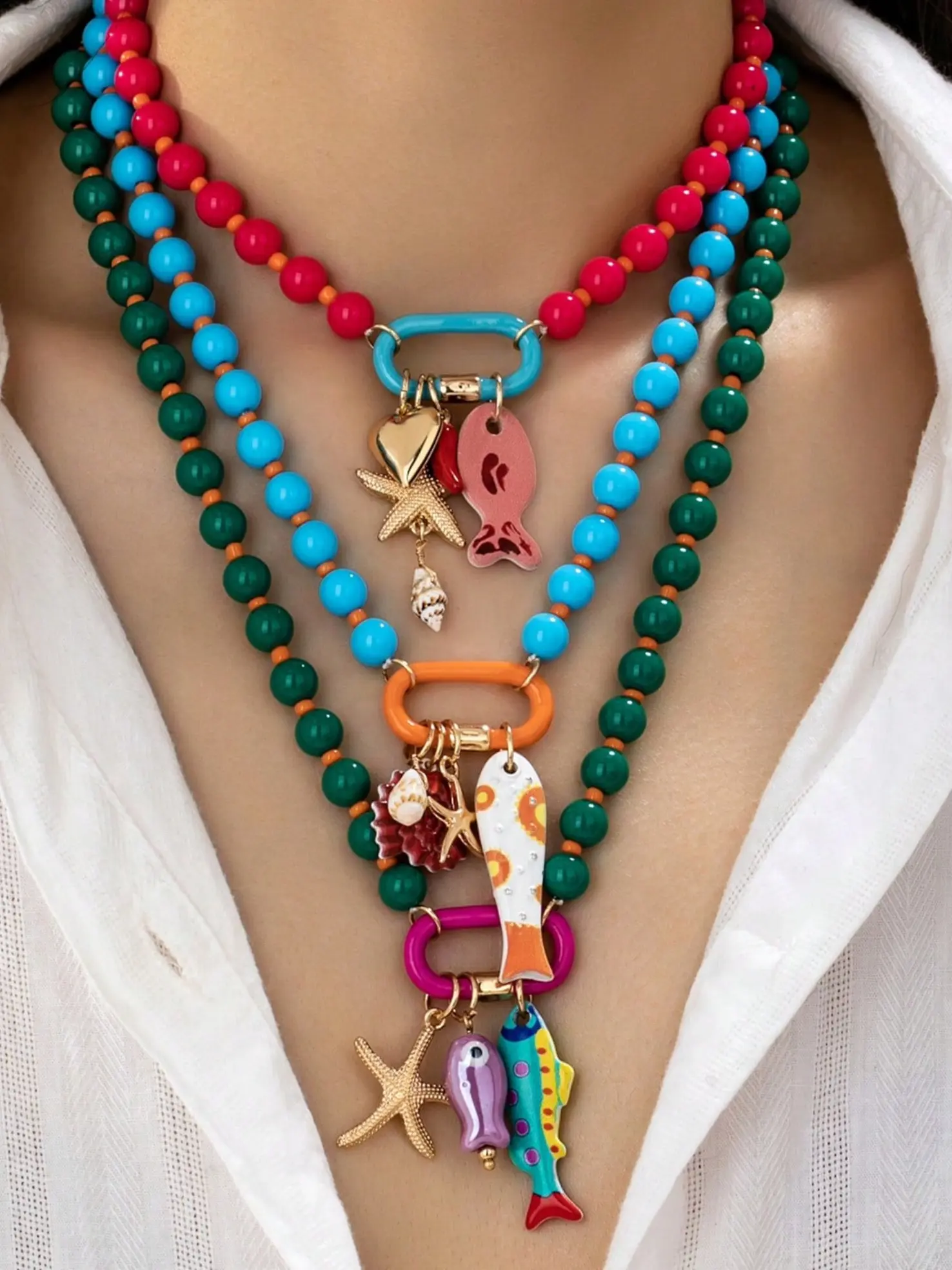 3-Piece Summer Beach Multi-Layer Resin Beaded Necklace Set with Colorful Fish and Starfish Charms for Women, Boho Trendy Jewelry for Vacation and Beach Parties
