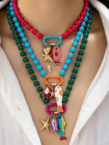 3 Pc Summer Beach Style Multi-Layer Resin Beaded Necklace with Colorful Fish & Starfish Charms Pendant for Women, Boho Jewelry Starfish Fish Pendants suitable for Vocation, Beachy Party