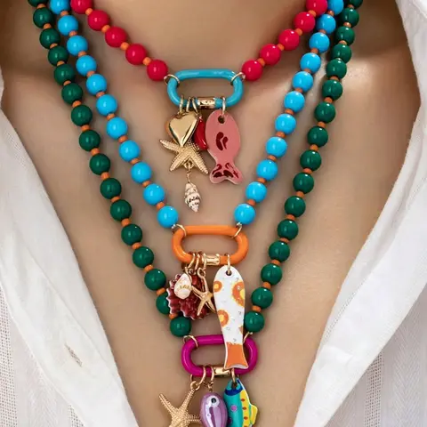 3-Piece Summer Beach Multi-Layer Resin Beaded Necklace Set, Boho Style Necklace with Colorful Fish and Starfish Charms for Women, Boho Trendy Jewelry for Vacation and Beach Parties