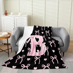 Initial Letter A-Z Flannel Blanket Throw for Girls, Black Pink Alphabet Flannel Blanket Soft Funny Throw Blanket Cozy Lightweight Plush Portable Cover Blanket For Sofa,Warm Gift For Birthday,Christmas,Multiple Blankets