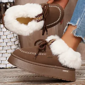 Women's Loafers Fuzzy Plush Collar Platform Shoes Warm Mini Snow Boots Lace-Up Thick Sole Indoor Outdoor Shoes