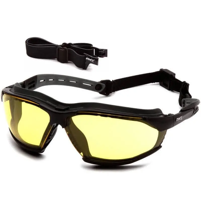 Pyramex Isotope Work Safety Glasses - Black Full-Seal Frame, Amber H2MAX Anti-Fog Coat Lenses, BPA-Free, D3 Droplet & Splash Tested, Easy-to-Clean Rubber Gasket, Elastic Head Strap, Channels Liquids Away, Ideal for Dirty Jobs, D3 Tested, Splash Proof, Bis