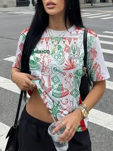 Mexican Style Hand-Drawn Full Print Short Sleeve T-Shirt for Women, American Streetwear Loose Fit Oversized Soccer Jersey
