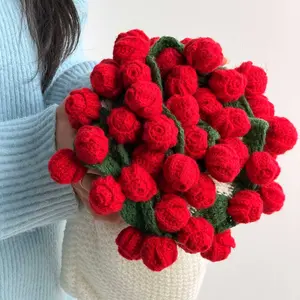 Handmade Rose Crochet Blanket Bouquet -52 flowers，flower bouquets，Soft Lightweight Knitted Throw for  Her Couples Family – Great  for Valentine's Day  Anniversary Wedding Home Snuggles birthday surprise gift Artificial Red Roses