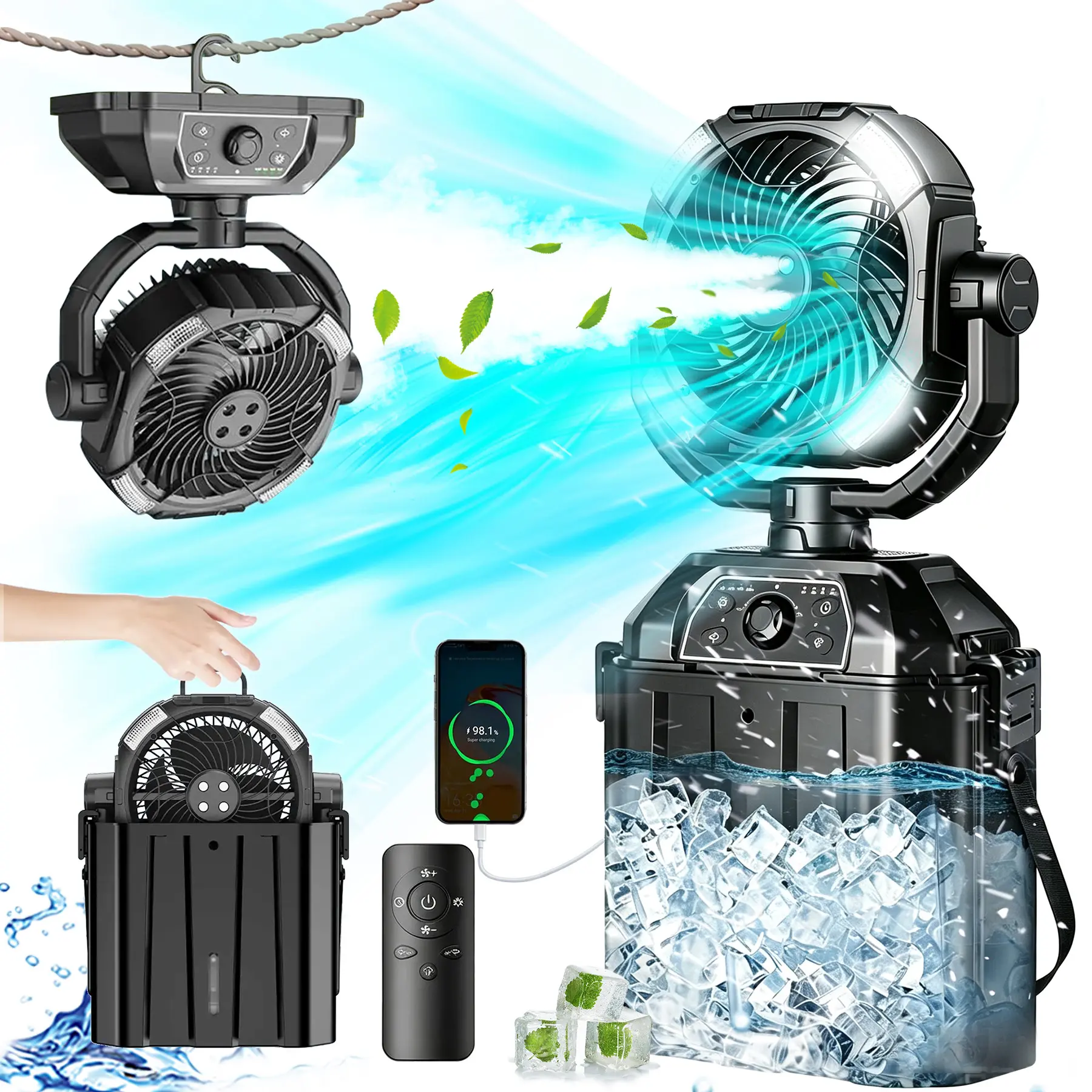 CoolHYFan Newly Upgraded Multifunction Rechargeable Misting Fan - Battery-Powered, 48h Chill, 360° Rotating Hook, 4-Hole Mist Spray, Portable LED Nightlight, Lightweight Cordless, Emergency Control, Timer Set & Forget, Ideal for Home, Jobsite, Travel
