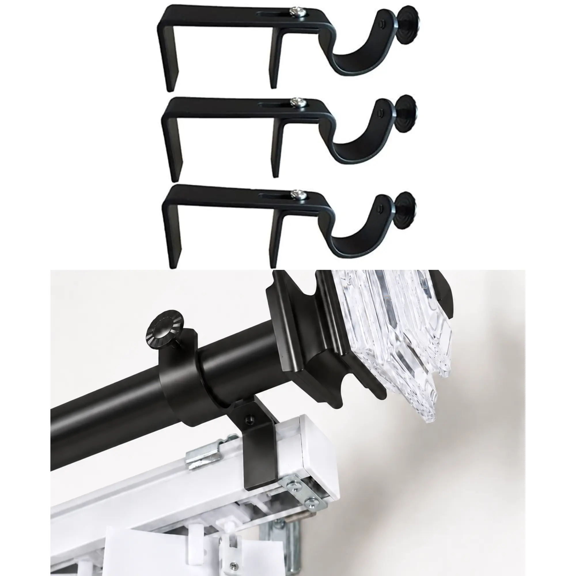 NoNo Bracket - No Drill Curtain Rod Bracket Attachment over Blinds (Black Set of 3) Curtains