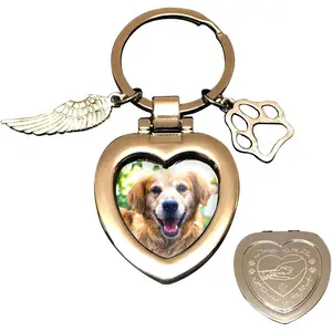 Magnetic Pet Memorial Keychain for Loss of Dog Cat Heart Photo Locket with Angel Wing & Paw Charms Engraved Sympathy Gift Secure Closure Pet Remembrance Jewelry