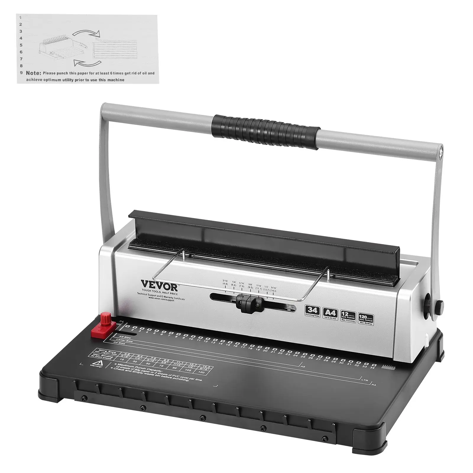 【Summerfinds】VEVOR Std12B Iron+ABS Manual Coil Spiral Binding Machine, 34-Hole Lever Press Punch Binder for Businesses, 120-Sheet Capacity, Adjustable 3/16"-9/16" Spine & Side Margin, Fits Letter/A4/A5, with Oil-Absorbing Paper for Document Bindings