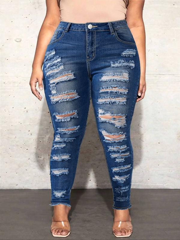 Plus Size Women's Fashion Ripped Denim Jeans, Tight Fit Sexy Slim Fit Pants, Elastic Fabric for Parties, All Seasons Wear