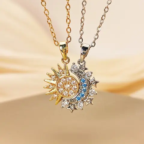 Elegant Copper Zircon Matching Necklaces Set, Fashion Pendant Necklace, Boy Sun Girl Moon Magnetic Design, Perfect Gift for Valentine's Day & Christmas, Casual & Formal Wear, Neck Jewelry