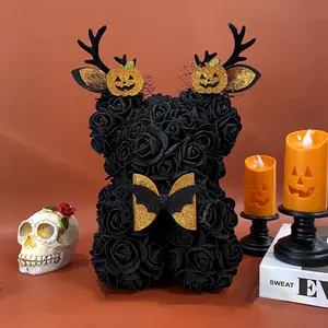 1pc DIY Halloween Themed Creative Handmade Faux Eternal Rose Hugging Bear, Bat, Spider, Witch hat, Pumpkin, Ghost, Bouquet Decoration DIY Artificial Flower Bear, Romantic Gift for Halloween Surprise, Valentine's Day, Wedding Decor, Home Decoration
