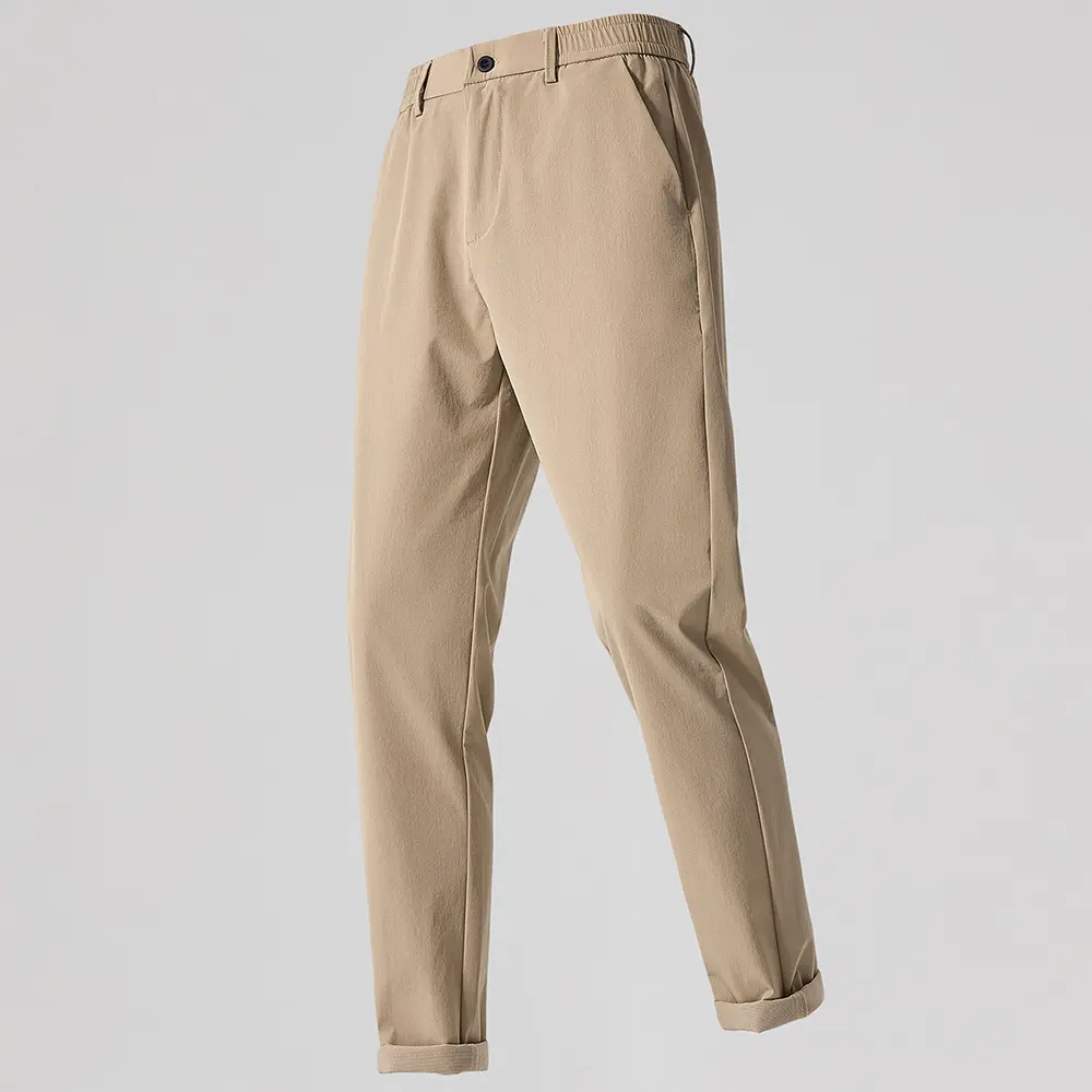 Men’s summer casual pants with slight stretch, slim fit, comfortable straight cut; trendy, fashionable, suitable for business/formal commuting; versatile solid color with simple pockets; mid-rise waist with a partial elastic waistband; basic men’s casual