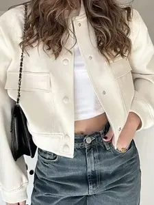 Women’s Minimalist Comfy Soft Cropped Bomber Jacket - Lightweight Polyester Long-Sleeve Coats, Fitted Smooth Fabric, Button-Closure Casual Streetwear Style Outerwear for Everyday Pairing with Jeans