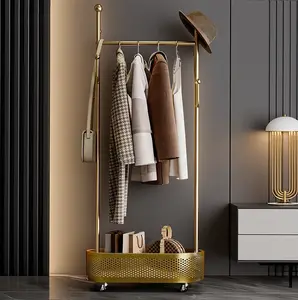 Heavy Duty Rolling Coat Rack with Storage Basket & Hooks Metal Clothing Stand for Home Use Minimal Modern Organizer Sturdy Steel Slat