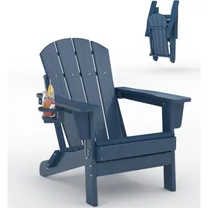 Outdoor Folding Adirondack Chair, All-Weather HDPE Chair, Wooden Textured with Cup Holder for Patio, Deck, Garden, Fire Pits, Navy Blue