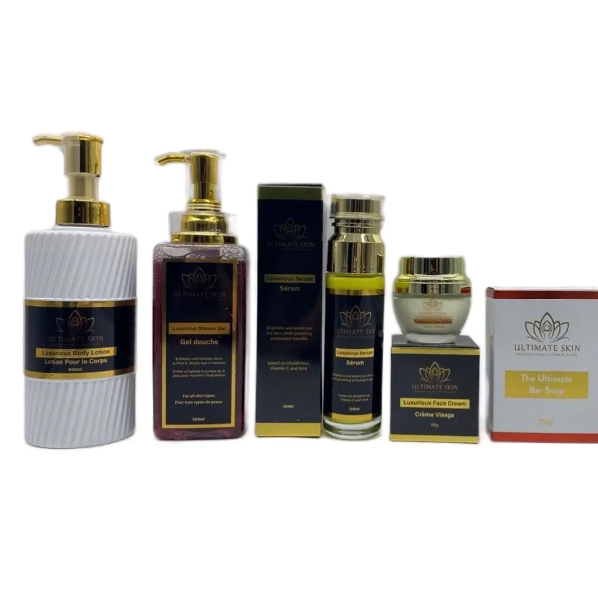 Ultimate Skin Repairing, Brightening & Glowing Set for Sensitive Skin - Body Lotion, Face Cream, Serum, Shower Gel & Bar Soap