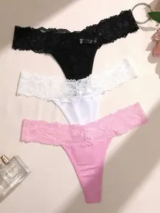 3pcs/Set Seamless Solid Color Lace Patchwork Fashion Thong Panties Multicolor Mid Rise Cotton Elastane Womenswear Fabric
