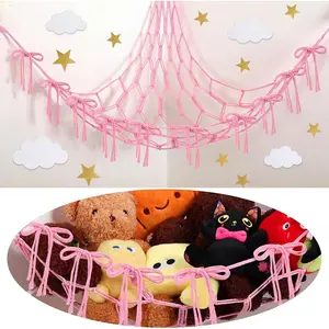 Pink Bow Stuffed Animal Storage Hammock Net Pink Christmas Bow Room Decor for Youth Cute Corner Plushie Organizer Boho Coquette Nursery Dorm Bedroom Aesthetic Decor