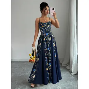 New Spring/Summer Elegant Navy Blue Long Floral Print Sleeveless Dress, Casual Vacation Beach Swing Dress, Solid Color Fabric Splicing, Suitable for Valentine's Day, Dating, Gatherings, and Parties