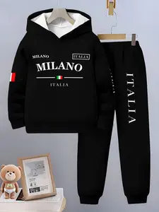 Boys Spring & Fall Sports Set, Milan Italy Theme Hoodie and Pants Two-Piece, Vintage Luxurious Casual Clothing