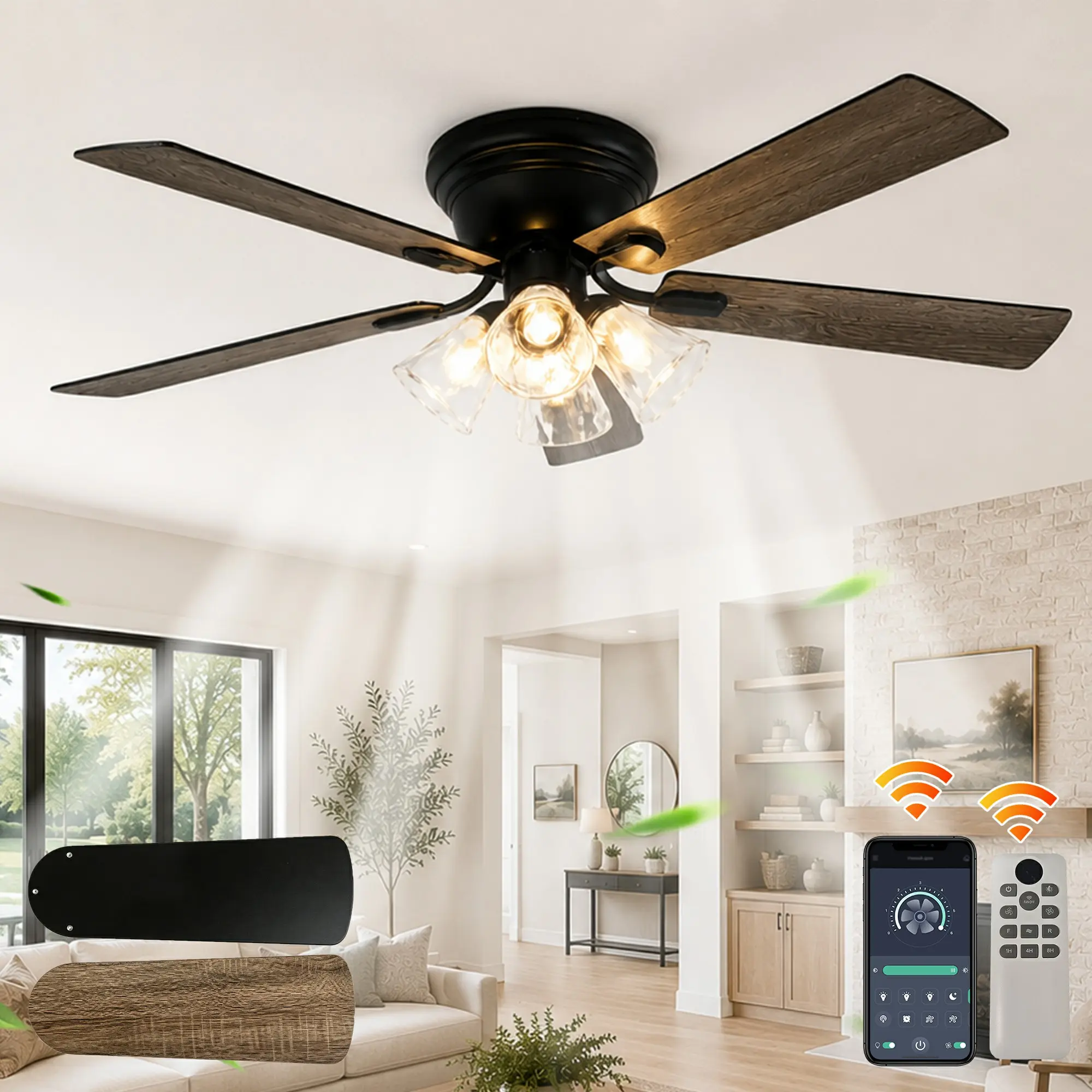 Garwarm 52 Inch Wood Ceiling Fan with Light and Remote Control, 6 Speeds, Reversible DC Motor,4-Light Flush Mount Chandelier Fandelier, Vintage Fan Light for Bedroom Kitchen Dining Room