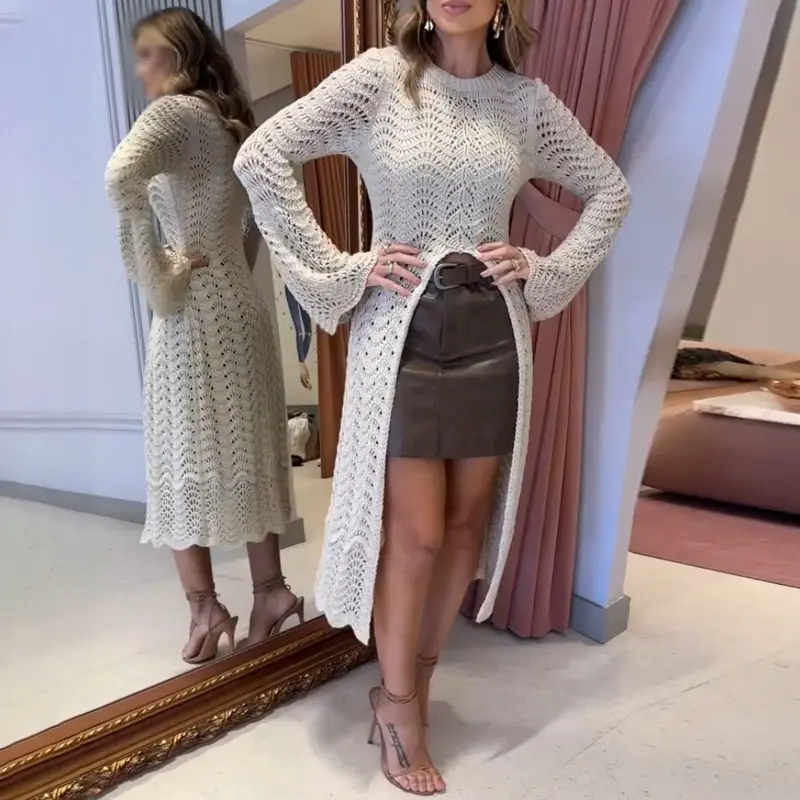 CHICME Round Neck Asymmetrical Hem Hollow Out Knitted Sweater Casual Scallop Trim Bell Sleeve Top