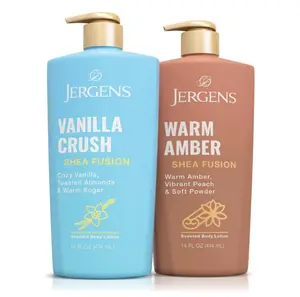 Jergens Shea Fusion Body Lotion Dual Pack, Moisturizer with Shea Butter and Vitamin E, Vanilla Crush 14 fl oz and Warm Amber 14 fl oz