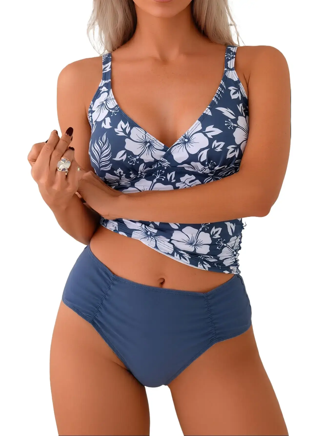 Women's Dusty Blue Hibiscus Floral Tankini Swimsuit 2-Piece Set - Deep V Ruched Wrap Top, High Waist Brief Bottoms for Beach Vacation, Tankini Swimsuits, Two-Piece Set