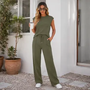 Women's Casual 2 Piece Lounge Set Sleeveless Crew Neck Top and Wide Leg Pants Matching Travel Vacation Outfit Summer