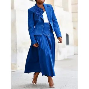 GLOURI Denim Skirt Suit for Women, Designer Applique Jean Blazer And Pleated Skirt Two Pieces Set, Business Casual Outfits, Front-breasted, High-rise, Pockets, Lapel Collar, Long Sleeves, Elegant