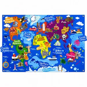 Montessori Felt World Map Learning Board - Preschool Early Childhood Education Supply, Interactive Continent & Animal Matching Wall Chart