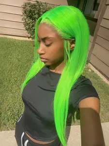 Neon Green 13x4 Lace Front Wig Bright Green Pre Plucked Hairline Wig HD Transparent Lace Frontal Wig Heat Resistant Synthetic Wig for Women Lace Straight Wigs 28 Inch