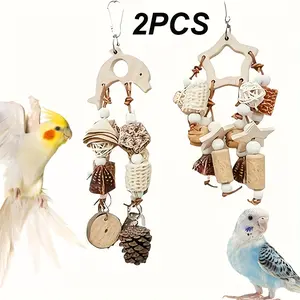 2pcs Wooden Parrot Chew Toys - Dolphin & Star-Shaped Bird Cage Accessories with Pine Cones and Corn Husks for Beak Health, Natural Wood Bird Playthings