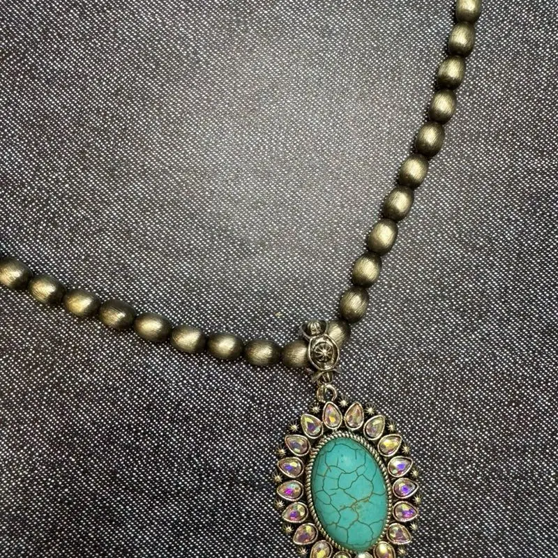 Teal Bling Necklace with Decorative Pendant and Beaded Chain - Fashionable Western Style