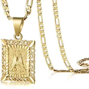 Initial Letter Pendant Necklace for Men Womens, 14K Gold Plated Square Capital Monogram Necklace Alhpabets from A-Z Figaro Chain Necklace Valentine's Day Gifts