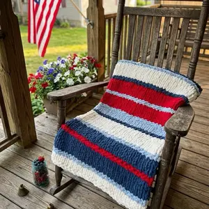 Patriotic Handknit Throw Blanket, Heartwarming Gift, Decorative Giftable Item, Holiday Decorative Multi-Use Cover for Home Bedding.  Size 35x64