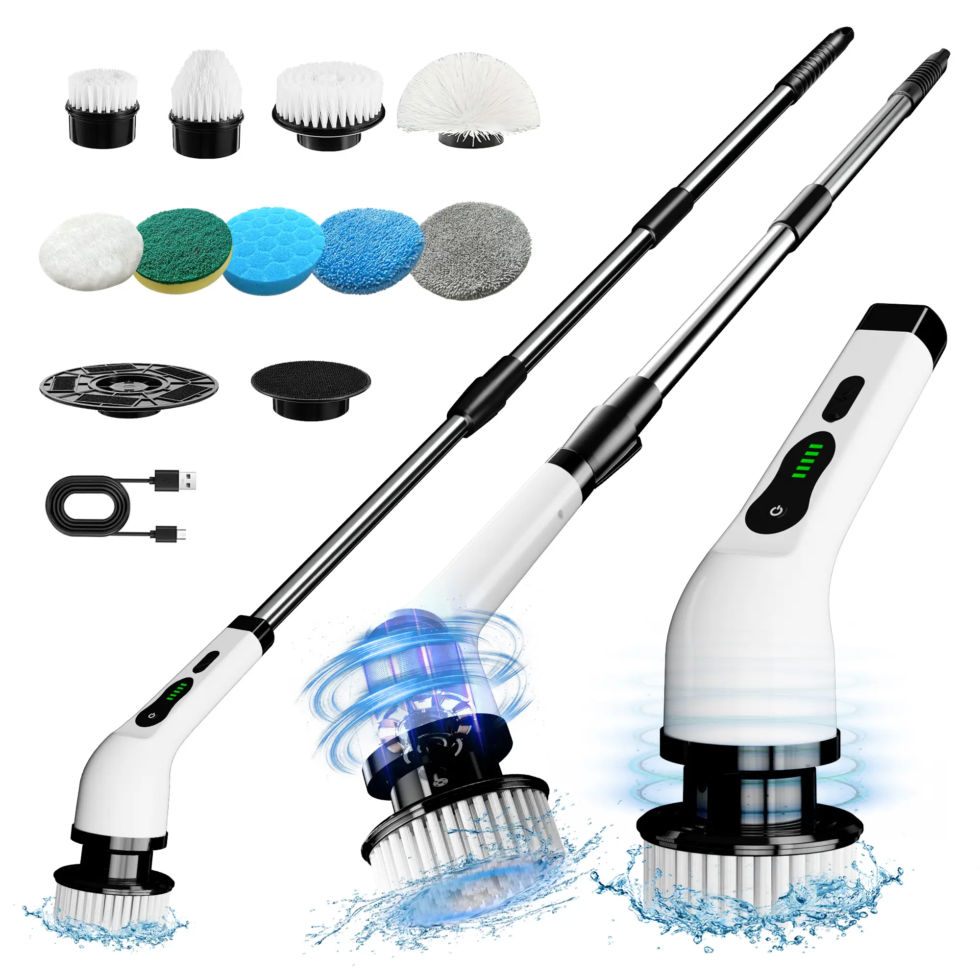Electric Cleaning Brush Set with 9 Replaceable Brush Heads & Adjustable Handle for Bathroom Tub Tile Floor USB-C Charging Portable Rotating Scrubber -