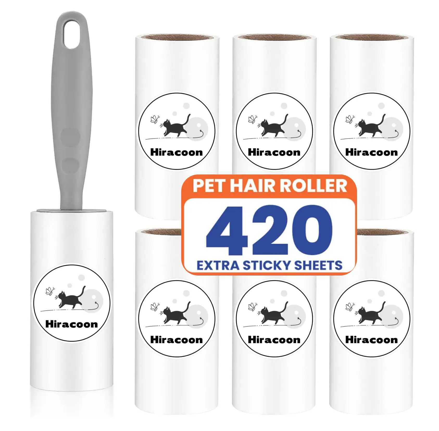[ON SALE] HiRacoon Lint Rollers Set with 1 Handle and 6 Refills, Extra Sticky for Clothes, Sofa, Bed, Carpet, Pet Hair, Dust Removal - 420 Sheets
