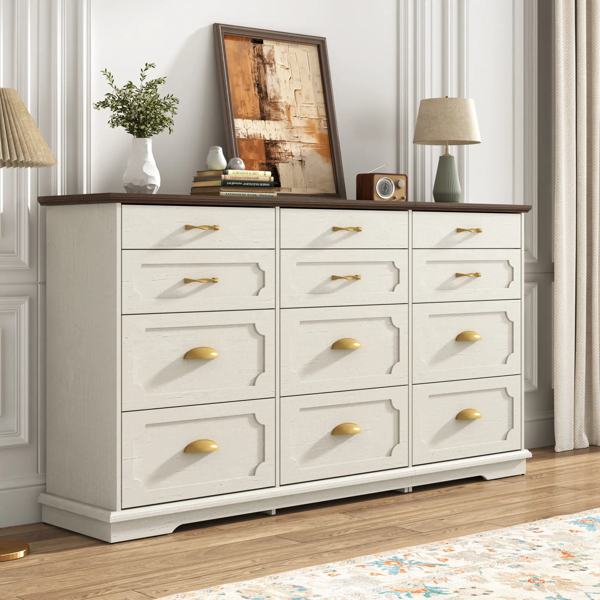 70-In Sturdy Freestanding Wooden Cabinet Bedroom Furniture with 12 Drawers, Built-In Charging Station, Fast-Charging Port, AC Outlets, High-Capacity Storage, Reinforced Base, TV-Ready for Bedroom, Living Room