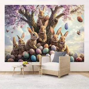 Easter Bunny Cherry Blossom Banner Background Cloth, Reusable Polyester Fabric, Rabbit, Easter Eggs, Blooming Trees, Party Backdrop
