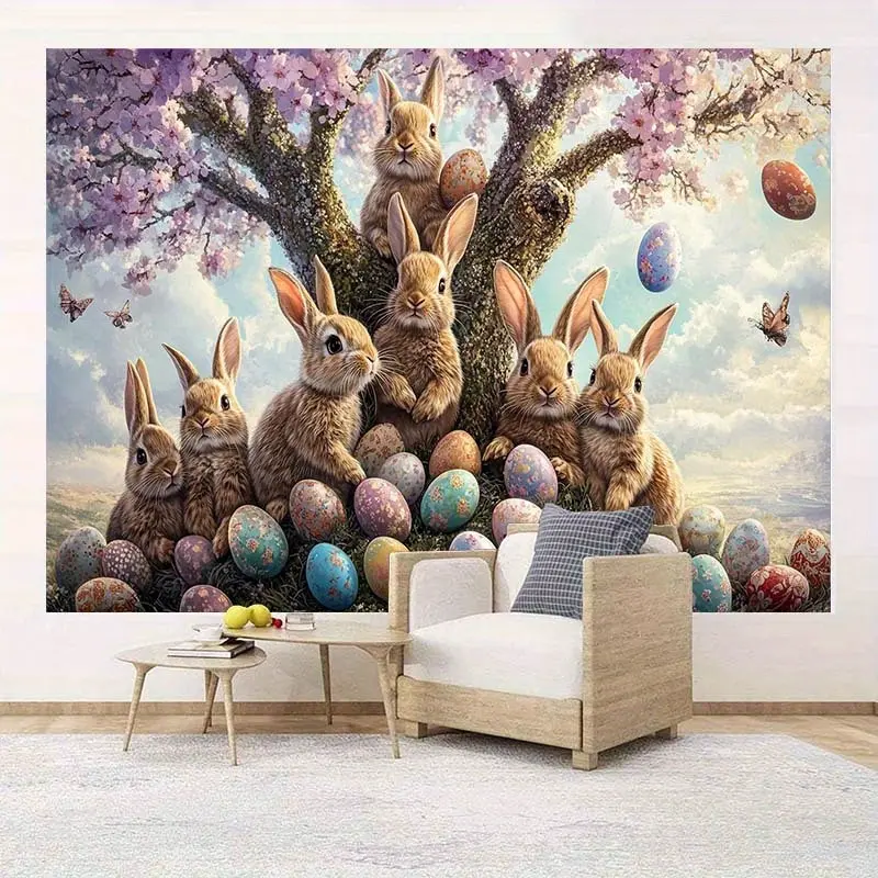 Easter Bunny Cherry Blossom Banner Background Cloth, Reusable Polyester Fabric, Rabbit, Easter Eggs, Blooming Trees, Party Backdrop