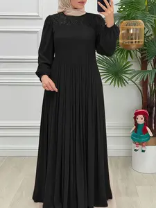 ZANZEA Women's Round Neck Long Sleeve Lace Patchwork Pleated A-Line Maxi Dress, Modest Style Dress for Casual & Party Wear, Long Sleeve Dresses