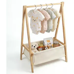 Baby Clothing Rack for Baby Shower, Pets Clothes Rack with Storage Box & Hanging Rod for Dogs/Cats, Mini Dolls Closet Rack, Wooden Baby Shower Rack for Nursery Room (Natural)
