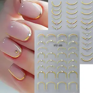 French Line Nail Art Stickers 2PCS – 5D Embossed Golden Rhinestone French Tip Curve Nail Decals